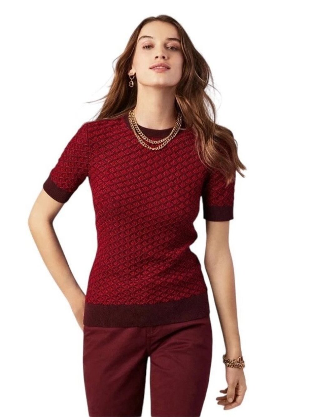 BROOKS BROTHERS Italian Yarn Red Textured Short Sleeve Sweater Wmns Small